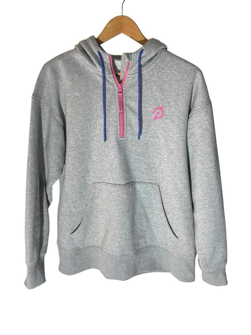 EE80- Peloton Grey Half-Zip Hoodie with Pink Logo & Blue Drawstrings